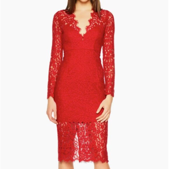Bardot Red Midnight Lace Fitted Pluge Neckline Midi Dress 6 - Picture 1 of 9